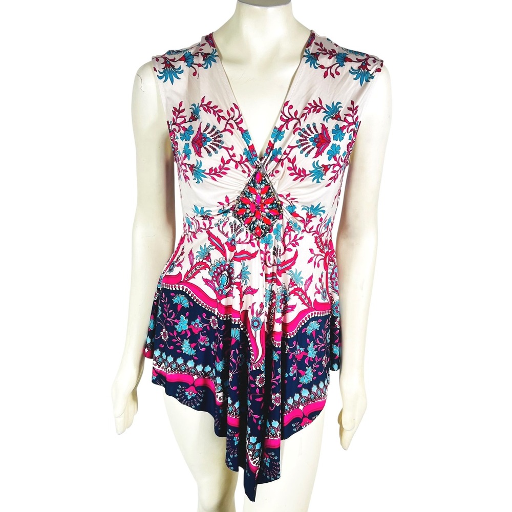 Venus Boho Beaded‎ Floral Blouse Sleeveless Flowy L Y2K Glam Festival Artistic